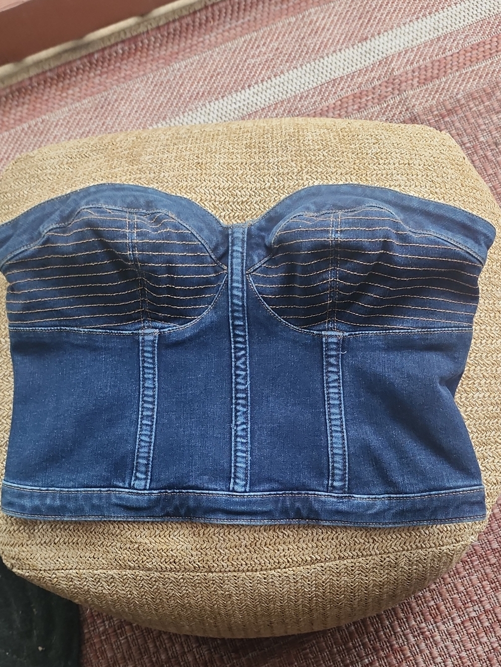 Express Denim Top with Contrast Stitching, Indigo Blue Gold Zip Back Closure